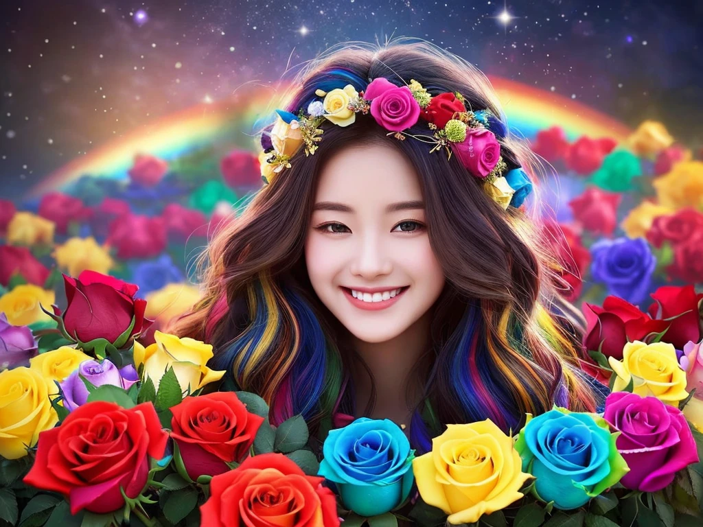 Highest quality masterpiece A very beautiful woman smiles with lots of roses in her hair Photo style Overflowing with rainbow-colored roses Gorgeous Real Fantasy