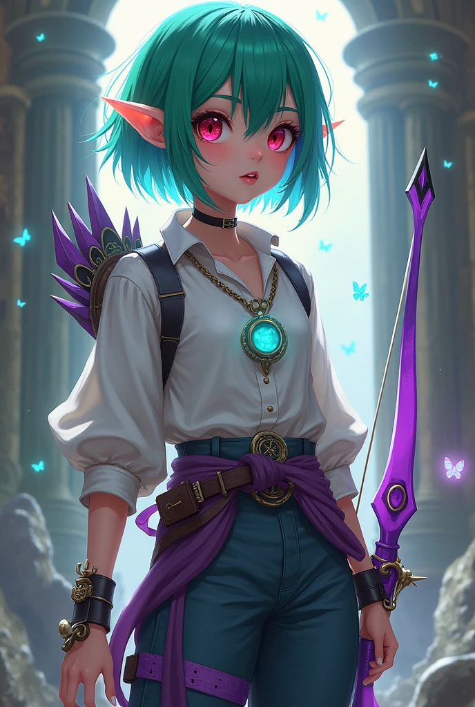 ((Best Quality)), ((masterpiece)), (detailed), (original), (realist), girl short green and fuchsia violet hair, medium fire red eyes, Elf's ears, soft smooth skin, small mouth, pink, glow, freckled, introvert, shy, angelic, Whole body, pants with belt, white shirt with details, cyan pendant, leather shoes, transparent stockings, zodiac, survivor, dystopian ruins background, textura refinada glow, bow and arrow costume, mixed clothing, violet locks of hair, butterflies and phoenix, tangled in ribbons, combat potion,