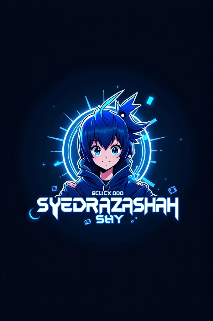 This is a gaming logo that features the name "SYEDRAZASHAH" in a futuristic font and a neon blue color. and Boy Anime avtar, The logo also has a stylized controller icon and a YouTube play button in the background. The logo is designed to be attractive and eye-catching, and to appeal to gaming enthusiasts and YouTube viewers. I hope you like it.