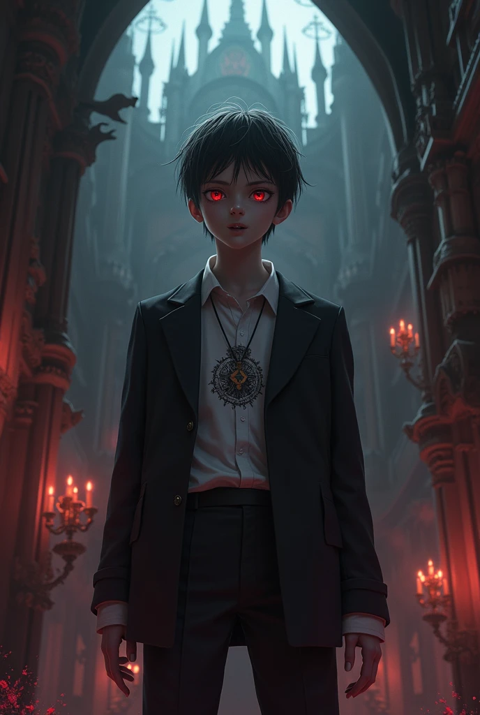 A vampire boy, with marked abdomen, school uniform in a castle