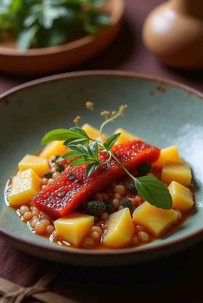 Presentation of a main dish fusing the Valluno-Andean cuisine of Bolivia made with murmunta (cianobacteria) as the main ingredient, Llama meat cooked on embers and rainbow chili encapsulated in a fake caviar using cutting-edge techniques. 8k image More rustic presentation with handmade tableware