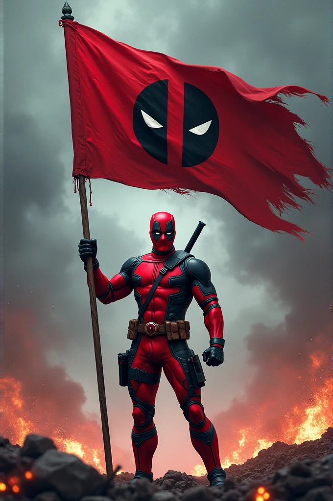 Deadpooll holding a flag with the name red empire