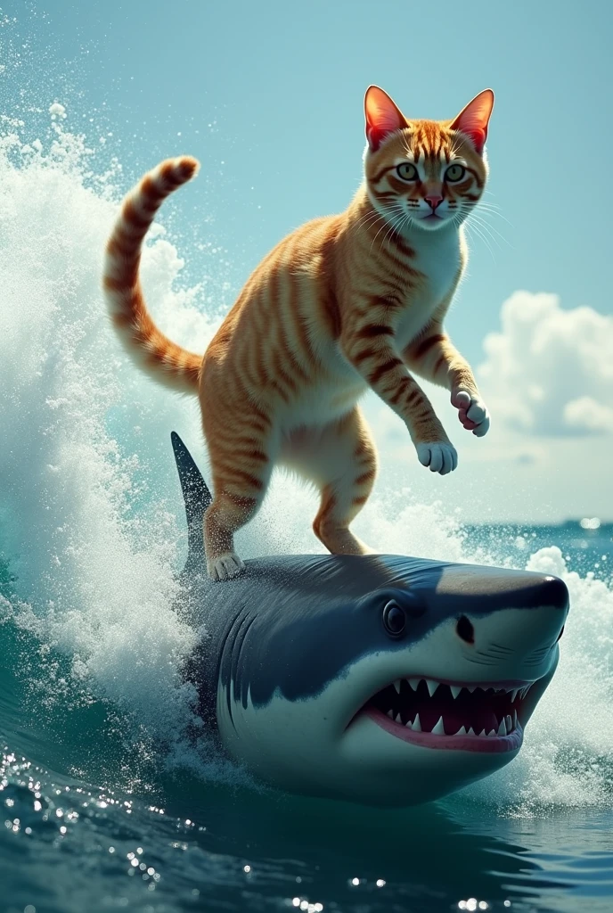 A cat surfing on top of a shark