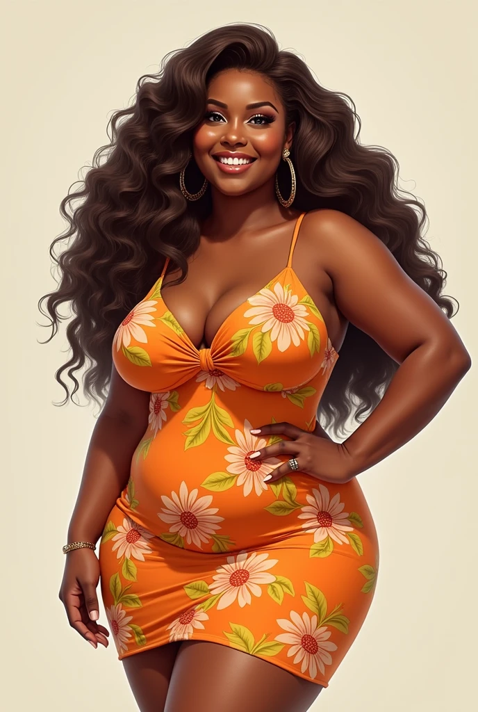 Create a detailed realistic illustration of a tall, somewhat voluptuous woman, with combination skin pronounced curves, wearing an orange dress with a floral print. Your hair is chocolate, that reach the hips. The hair forms well-defined voluminous curls that frame a sensual face. Her large, golden eyes shine brightly in the light, contrasting with a wide, contagious smile that reveals perfect, white teeth. The pose should emphasize your exuberant beauty and confidence..