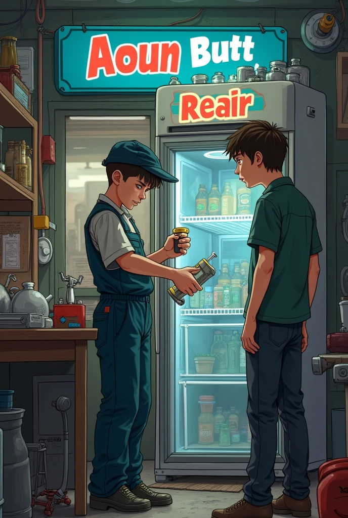 A 16-year-old boy is repairing a freezer at a freezer repair shop Name of the shop "Aoun Butt"And there is a 16-year-old boy standing nearby smoking a shop with Aon Butt written on it