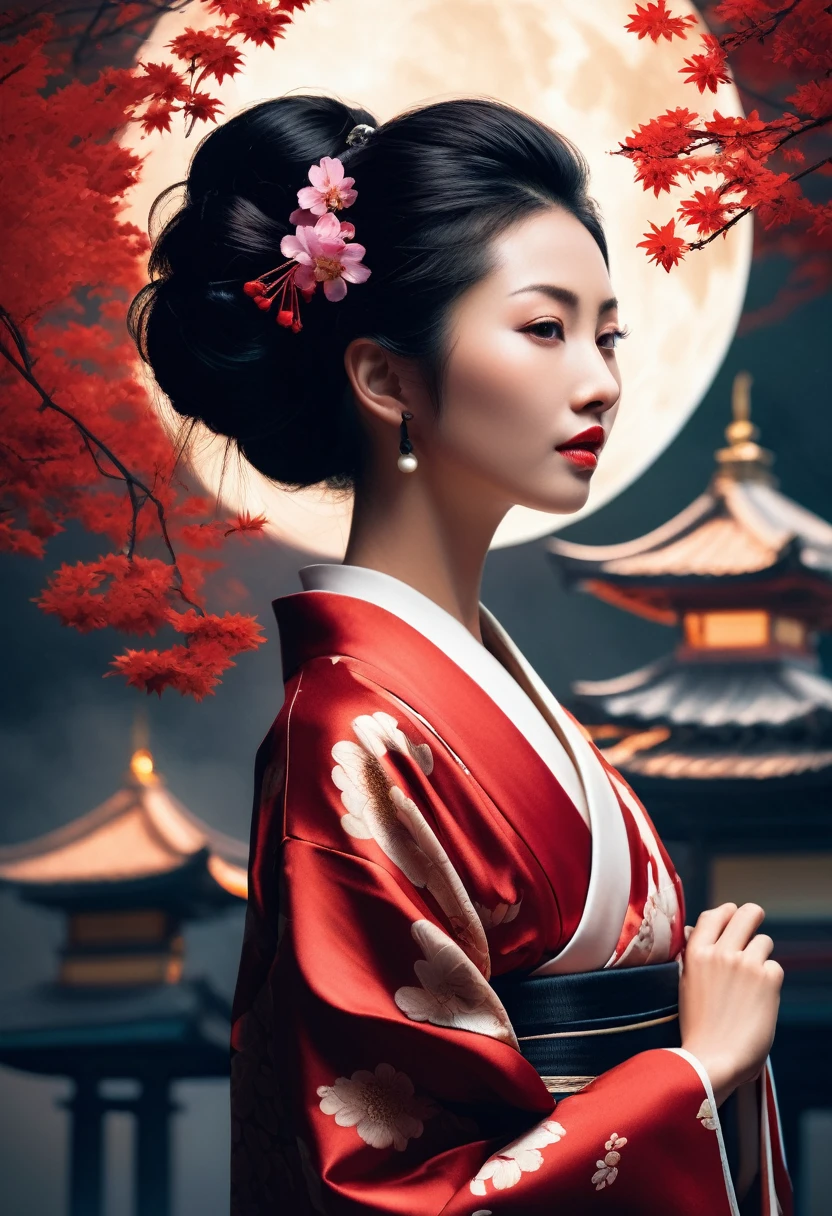 (A bewitching 35-year-old Japanese widow, clad in a stunning black mourning kimono, stands solo beneath the eaves of a funeral parlor on a moonlit night. Her Chestnut French Roll Hair cascades down her back like a waterfall of darkness, while her dark red lips seem to whisper secrets to the shadows. Her hands rest delicately over her crotch, exuding an aura of mysterious allure as she surveys the somber surroundings with an air of seductive quietness., The white smoke from the incense sticks drifts thinly like mist., A background effect that represents swirling anxiety), ((nsfw, masterpiece, incredibly absurd resolution, absolutely resolution, ultra high resolution, Mature Female, MILF, professional, vivid colors, perfect anatomy, ideal facial features, ideally proportioned figure, perfectly beautiful body, super detailed skin, glossy skin, glistening skin, Glamor, soft and curvy, body conscious, collarbone, cleavage, saggy huge breasts, evil seductive smile))