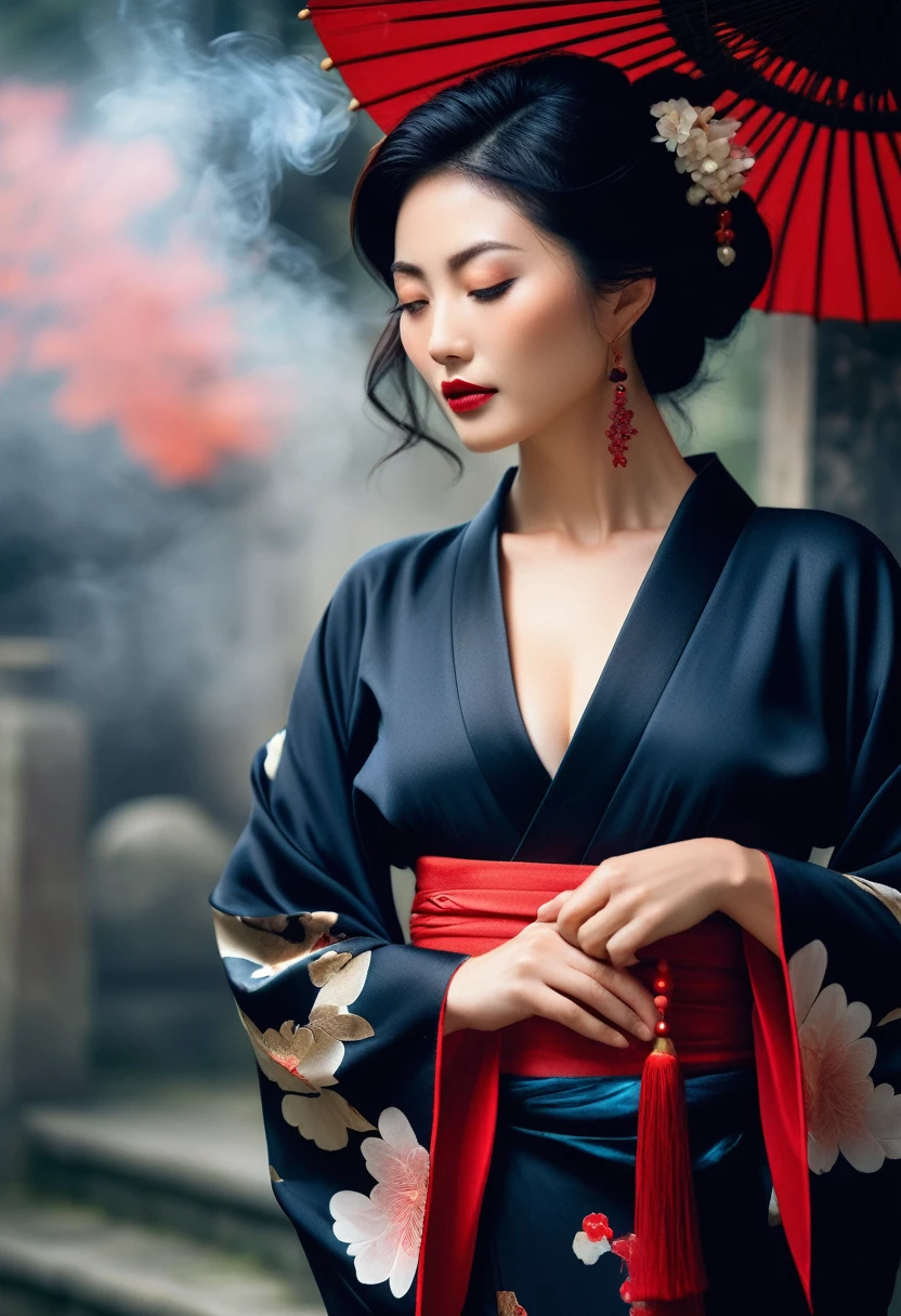 (A bewitching 35-year-old Japanese widow, clad in a stunning black mourning kimono, stands solo beneath the eaves of a funeral parlor on a moonlit night. Her Chestnut French Roll Hair cascades down her back like a waterfall of darkness, while her dark red lips seem to whisper secrets to the shadows. Her hands rest delicately over her crotch, exuding an aura of mysterious allure as she surveys the somber surroundings with an air of seductive quietness., The white smoke from the incense sticks drifts thinly like mist., A background effect that represents swirling anxiety), ((nsfw, masterpiece, incredibly absurd resolution, absolutely resolution, ultra high resolution, Mature Female, MILF, professional, vivid colors, perfect anatomy, ideal facial features, ideally proportioned figure, perfectly beautiful body, super detailed skin, glossy skin, glistening skin, Glamor, soft and curvy, body conscious, collarbone, cleavage, saggy huge breasts, evil seductive smile))