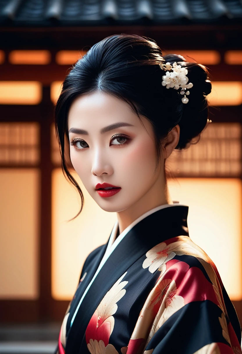 (A bewitching 35-year-old Japanese widow, clad in a stunning black mourning kimono, stands solo beneath the eaves of a funeral parlor on a moonlit night. Her Chestnut French Roll Hair cascades down her back like a waterfall of darkness, while her dark red lips seem to whisper secrets to the shadows. Her hands rest delicately over her crotch, exuding an aura of mysterious allure as she surveys the somber surroundings with an air of seductive quietness., The white smoke from the incense sticks drifts thinly like mist., A background effect that represents swirling anxiety), ((nsfw, masterpiece, incredibly absurd resolution, absolutely resolution, ultra high resolution, Mature Female, MILF, professional, vivid colors, perfect anatomy, ideal facial features, ideally proportioned figure, perfectly beautiful body, super detailed skin, glossy skin, glistening skin, Glamor, soft and curvy, body conscious, collarbone, cleavage, saggy huge breasts, evil seductive smile))