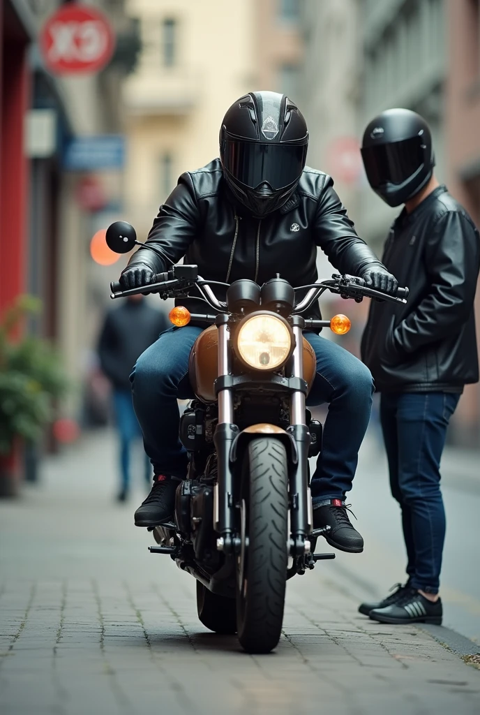 man sitting on a motorcycle hitting another man standing on the sidewalk with his helmet