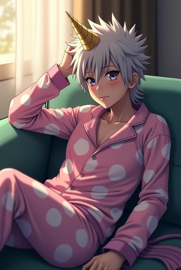 Kakashi Hatake wearing unicorn pajamas lying on the sofa at his home