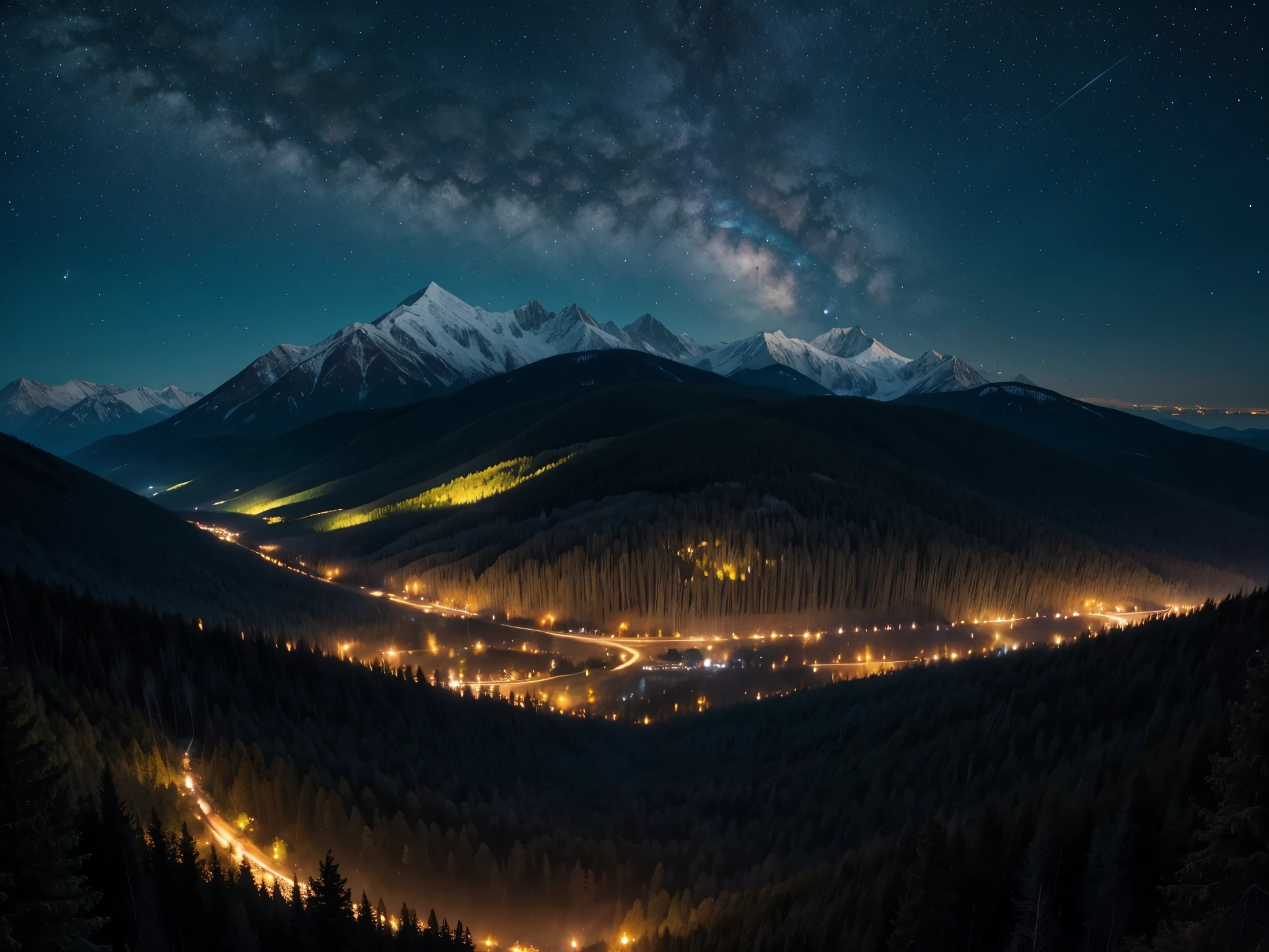 Night Sky View, Enchanted Forest, Mountain Panorama