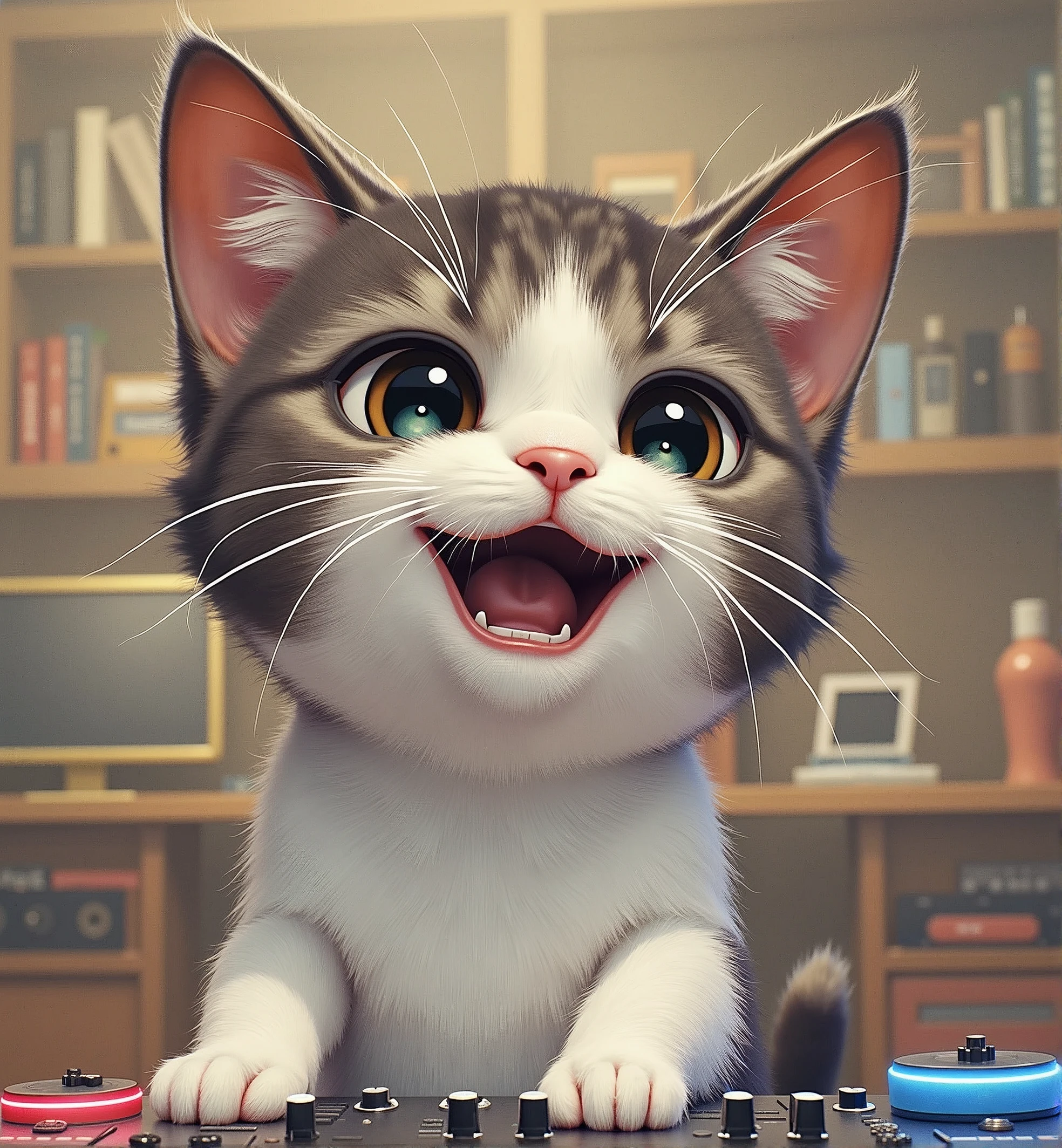 Performing music with a DJ mixer, cute cat,