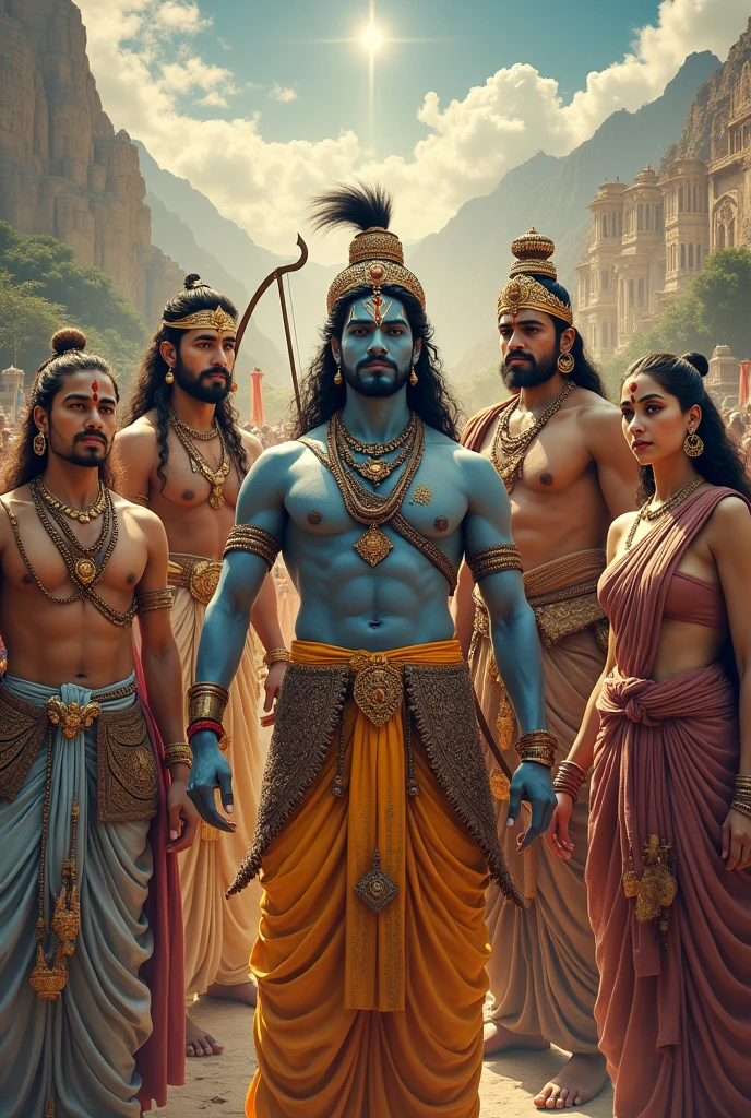 Create a high-resolution image featuring the great characters of the Mahabharata. Include key figures such as:

1. **Karna**: A mighty warrior with a regal presence, in traditional battle armor, wielding a bow and arrows.
2. **Arjuna**: The heroic archer with a distinguished appearance, holding his famous bow, Gandiva.
3. **Bhima**: The strong and imposing warrior, depicted with his mace, showcasing his immense strength.
4. **Yudhishthira**: The righteous king, adorned in royal attire, embodying wisdom and integrity.
5. **Draupadi**: The queen with a dignified presence, in traditional attire, reflecting her resilience and grace.
6. **Lord Krishna**: The divine charioteer, shown in his celestial form with a serene expression, often depicted with a flute or in his role as a guide.

The scene should capture their distinct characteristics and roles in the epic, set against a backdrop reflecting the grandeur and historical context of ancient India.