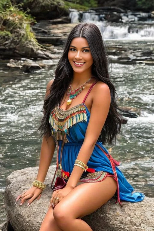 Create an attractive brunette woman, smiling, she is pocahontas, She is wearing a bearskin dress, sitting on a rock, crossing her leg, Necklaces made of colored stones, A pretty woman, with a strong and attractive body, by the wide, standing on a rock next to a waterfall

