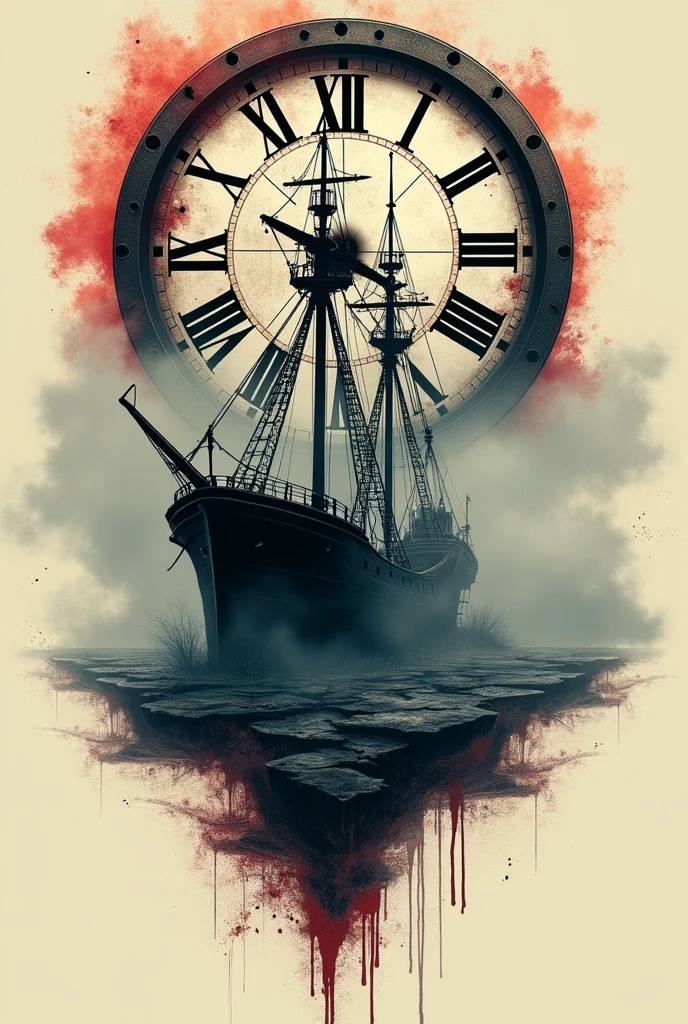 tattoo design that may include a ruined ghost ship with fog as the main image, In the background an old broken circular railway clock, The tattoo has several colors like a splash of paint