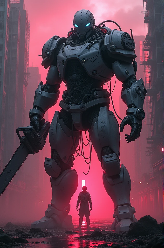 Dark_fantasy,cyberpunk,(chain saw,chain saw man,Red:1.1),1man,Mechanical marvel,Robotic presence,Cybernetic guardian