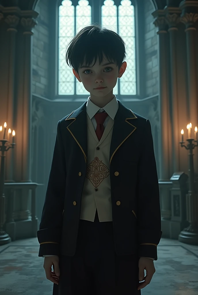 A real vampire boy, with marked abdomen, school uniform in a castle 