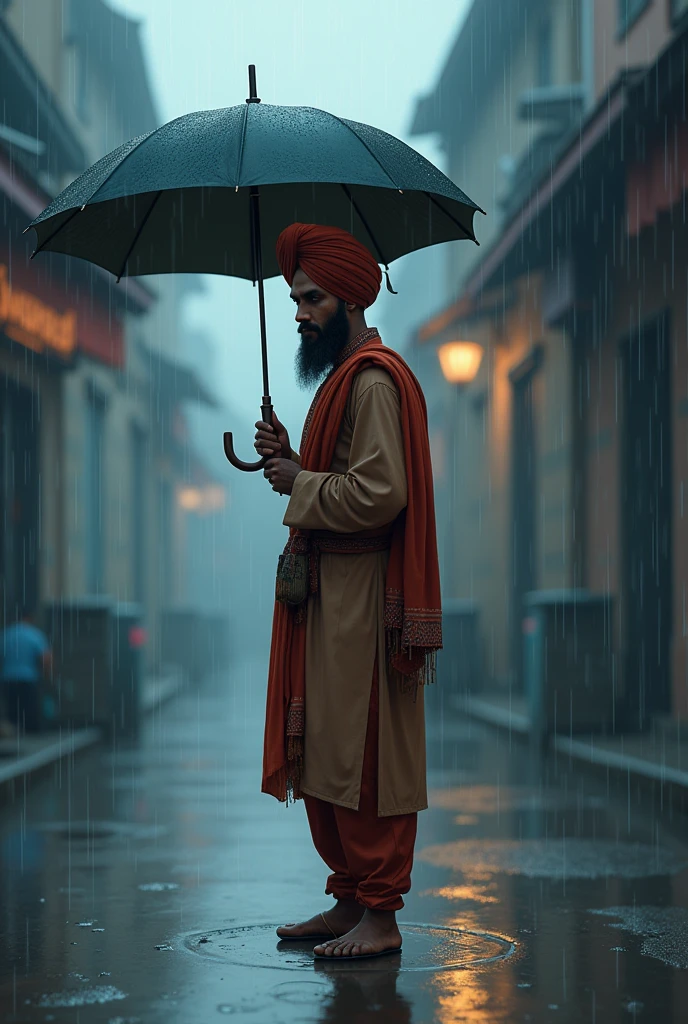 Sad punjabi Turban guy in rain with umbrella anime
