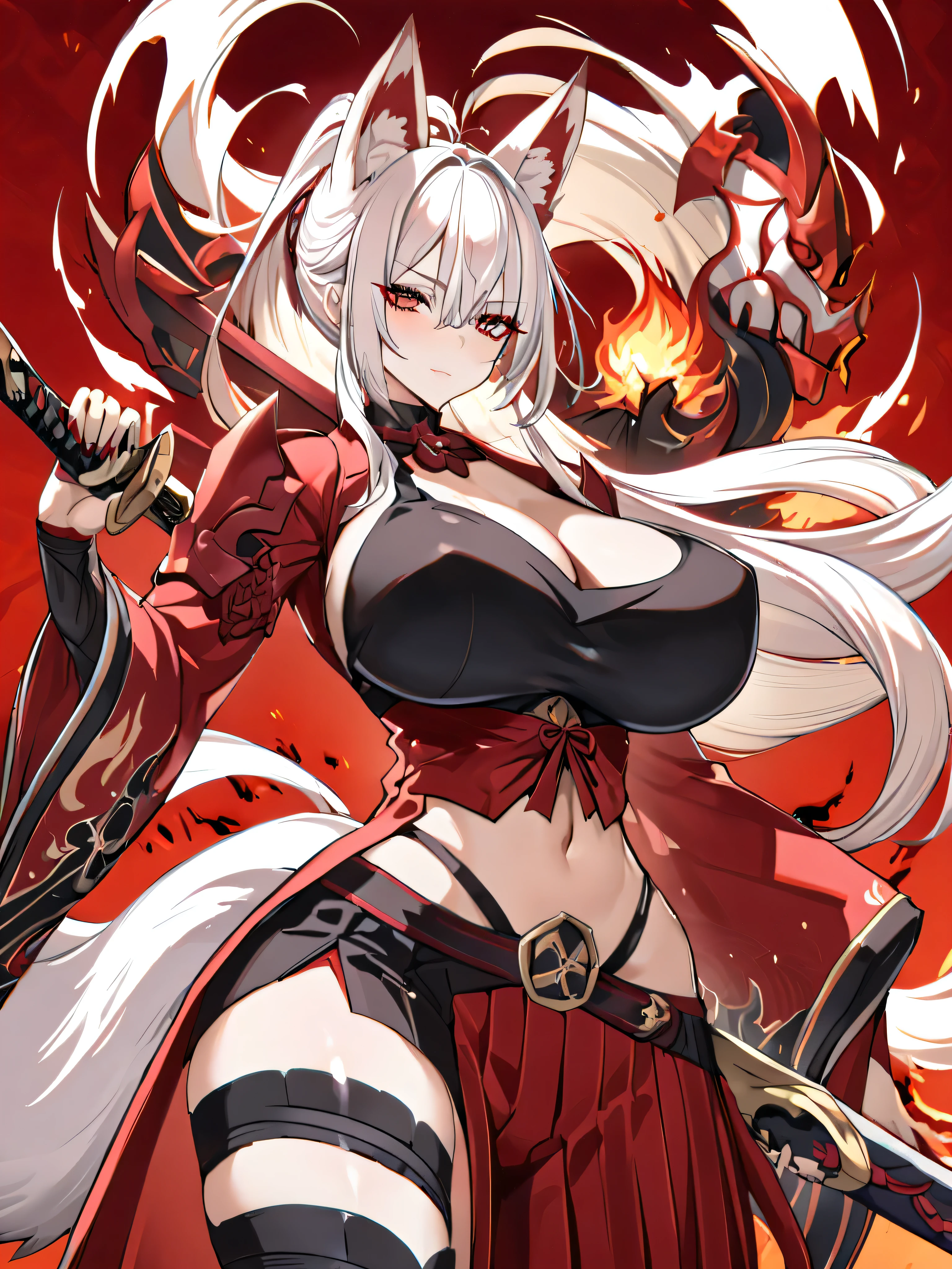 8K Best quality Best work Red long ponytail Red fox ears Nine fox tails Very large breasts Flaming Japanese sword Red jacket Long hakama Red eyeshadow on lower eyelids Red burning background Japanese style Samurai Flame hell Five fingers
