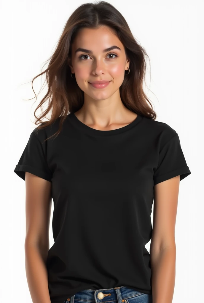 young woman in black women's t-shirt, Lisa, unisex, on a white background