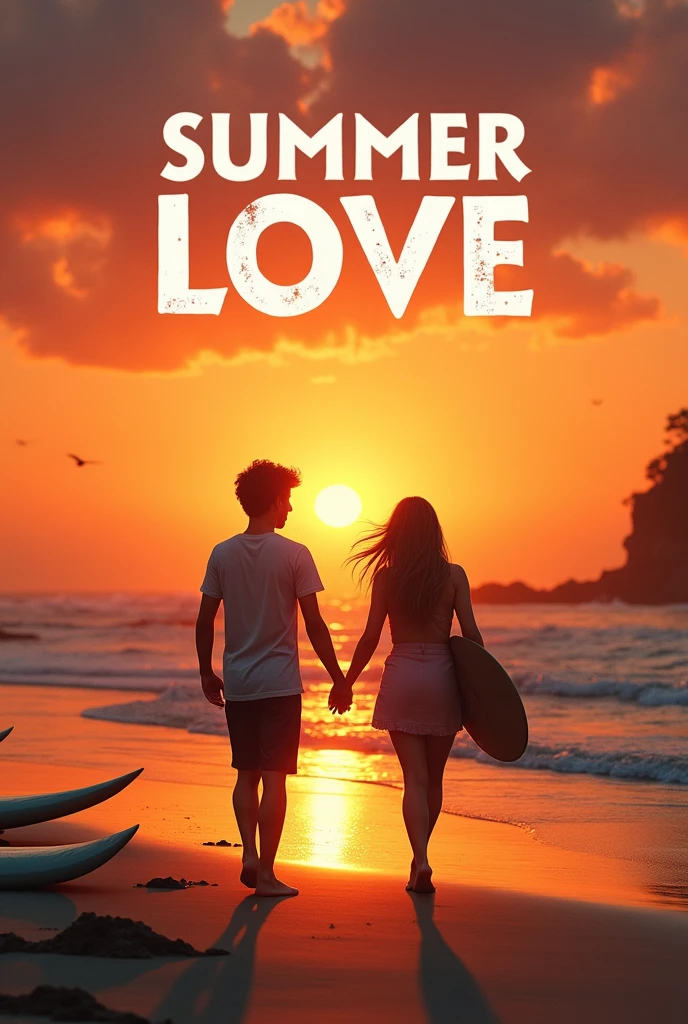A cover for a Netflix series about two agers who fall in love. The title is "summer love" that they are walking on the beach at sunset. That there are some surfboards on the shore and that they look a little far away. Put the title of summer love