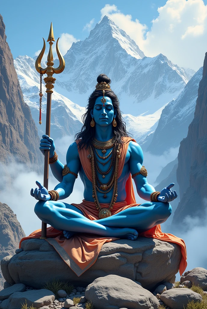 ((best quality)), ((masterpiece)), (detailed), lord shiva sitting at the top giving blessings upon the land, lush grass with flowing river beautiful, Realistic, life like , amazing , sun rise , with mountains and lush forest in the background, shiva is sitting cross legged. With Cresent on the head. Cobra sitting with shiva , add a trident in shivas hand upright on his left hand. On the right hand shivas blessings must be given with sun rays. Shivas palm must be facing forward. Snow topped mountains, lord shiva must have blue skin. Below lord shiva is lord Hanuman, Lord Hanuman is sitting cross legged in a natural position, lord Hanuman has a golden mace in his hand. Lord shiva has a cobra and peacock next to him. Full image , wallpaper. 2 people, blessings, realistic, classic , warmth.