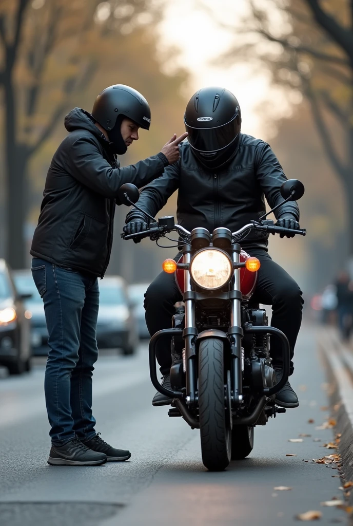 man sitting on a motorcycle hitting another man standing on the sidewalk with his helmet