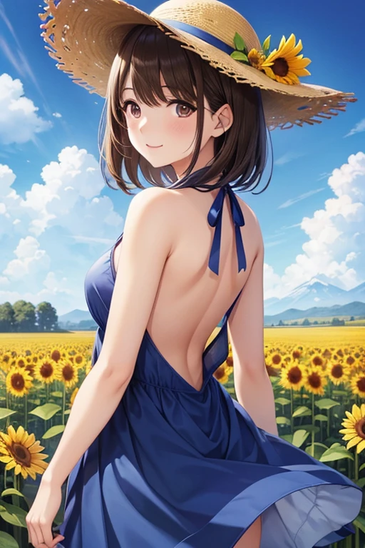 anegasaki nene、Shiny brown hair, short hair, (Beautiful brown eyes、Sparkling eyes, Fine grain)、smile、Ultra-detailed eyes、Highly detailed face, Highly detailed eyes,


(masterpiece,Highest quality,High resolution,Highest quality,Super Details),8k,wallpaper,An illustration,

A blue sundress with a large open back、Straw hat、Beautiful back、blue sky，Cumulonimbus，grassland，Rear view，Japanese countryside，Sunflower field