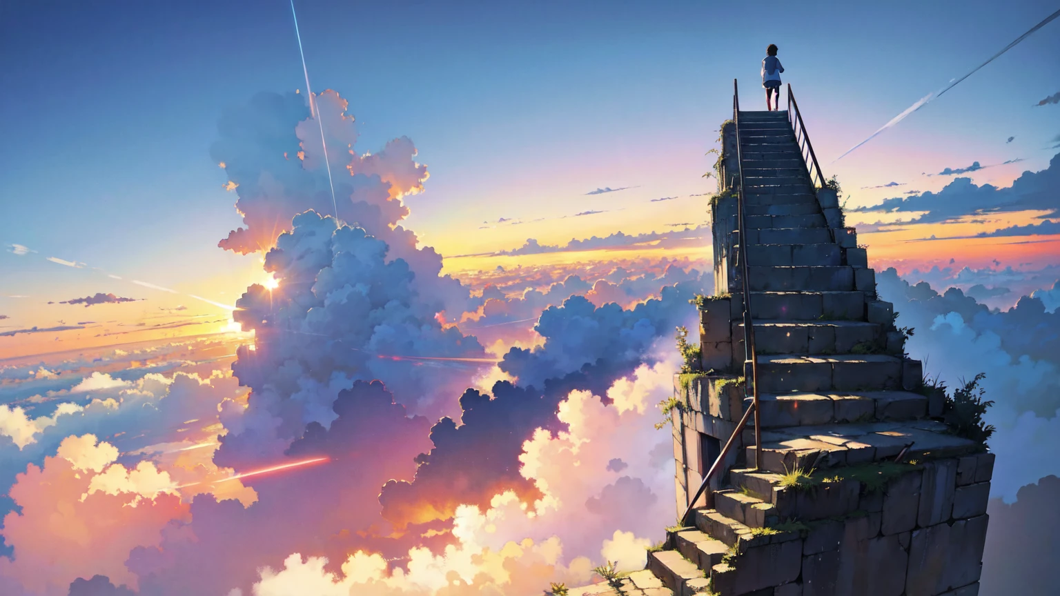 Bright painting, Makoto Shinkai, floating ruins, floating in the sky, above the clouds, stairs in the sky, illustration, nostalgic, vivid, background only, bright, refreshing, stairs, sunset