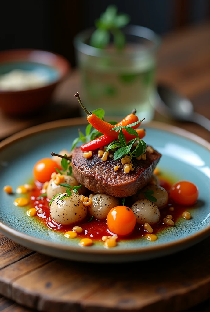 Presentation of a main dish fusing the Valluno-Andean cuisine of Bolivia made with murmunta (cianobacteria) as the main ingredient, Llama meat cooked on embers and rainbow chili encapsulated in a fake caviar using cutting-edge techniques. 8k image More rustic but aesthetic presentation with handmade tableware