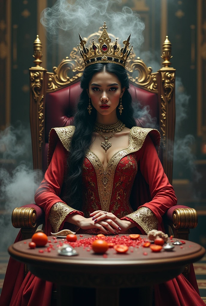 Please Make Format For Make it for Rounded Logo, Queen Lady Sitting in Kingdom, With sort of tobacco and weed setting in table in front of Her, and have some poisoned smoke