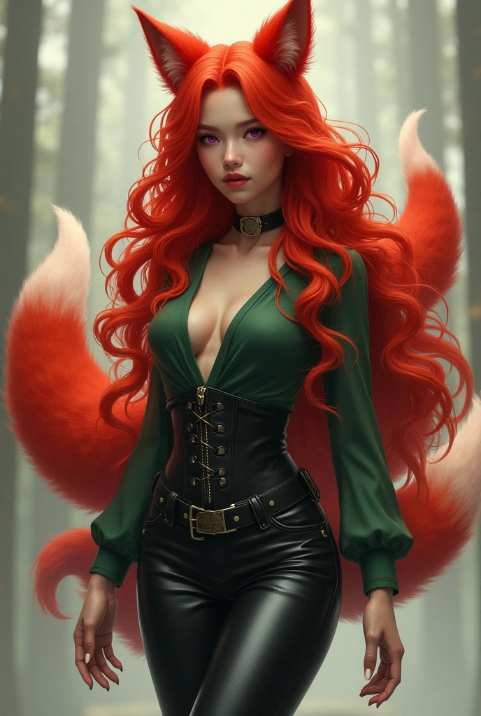 Kitsune in human form, long curly red hair, nine red tails, red cat ears, violet cat eyes, Caucasian skin, leather pants, tight blouse in leaf green, black leather knee boots
