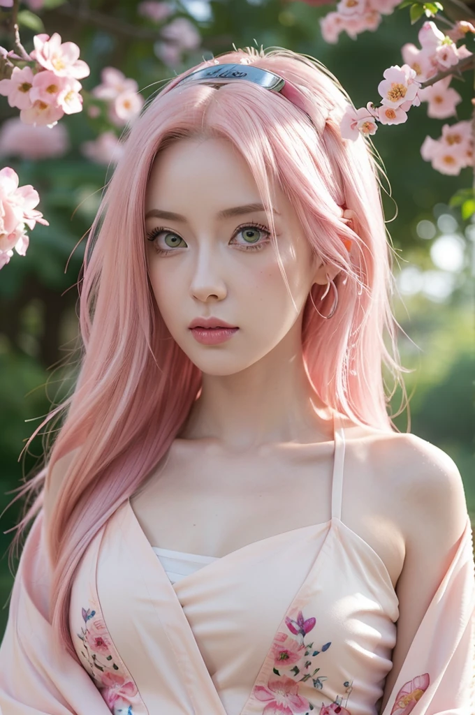 young woman pale skin, long bubblegum pink hair, pink eyebrows, big jade green eyes, buttoned nose, peach lips, small breasts, wide forehead, kimono of flowers and butterflies, Sakura Haruno, realist, 3D
