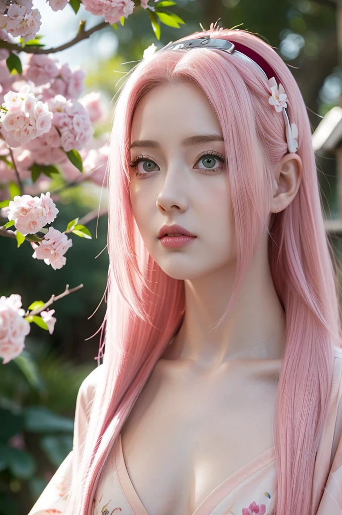 young woman pale skin, long bubblegum pink hair, pink eyebrows, big jade green eyes, buttoned nose, peach lips, small breasts, wide forehead, kimono of flowers and butterflies, Sakura Haruno, realist, 3D