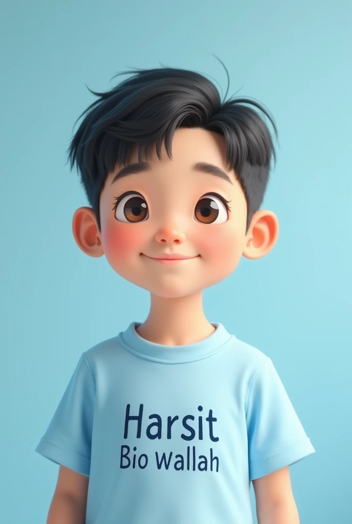 Make a cute boy image without smile with a light blue colour new shirt and written on the shirt Harsit Bio Wallah