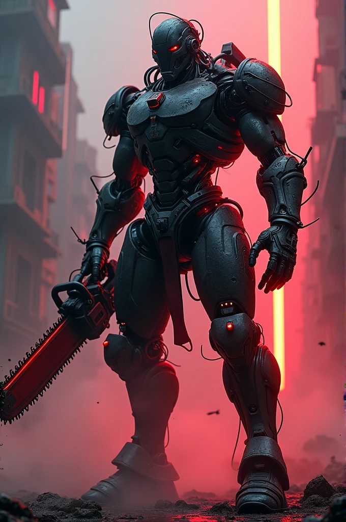 Dark_fantasy,cyberpunk,(chain saw,chain saw man,Red:1.1),1man,Mechanical marvel,Robotic presence,Cybernetic guardian