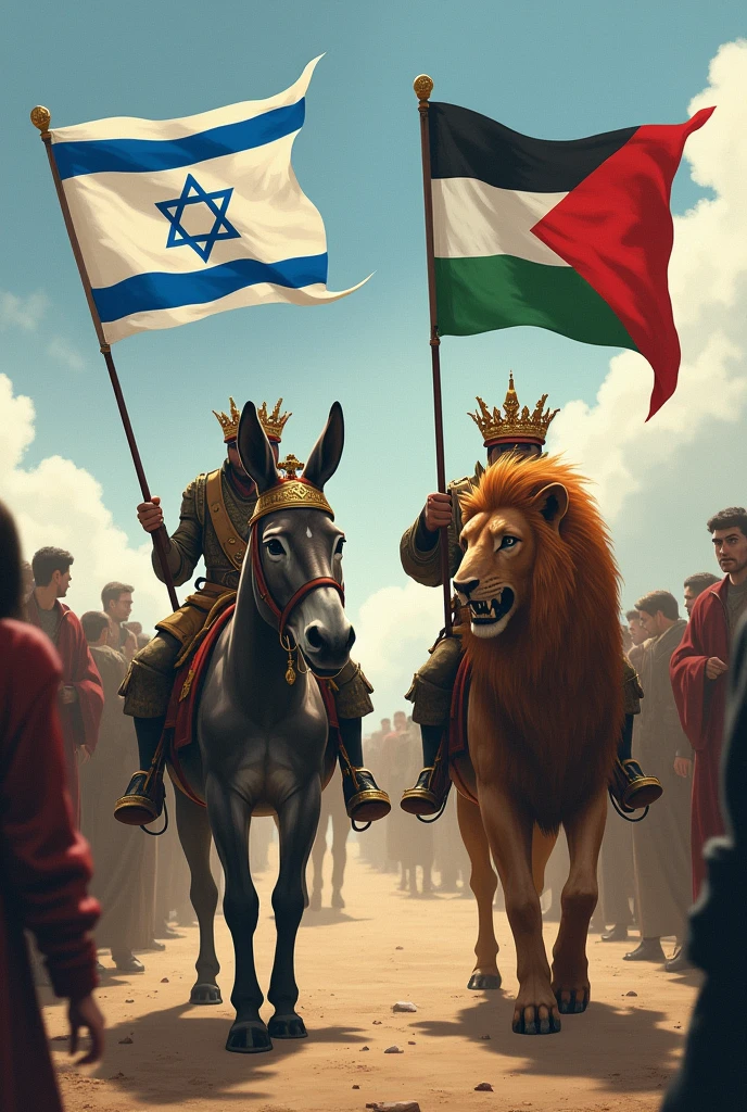 Donkey leading Israel with flag with crown and Israeli peoples in other side lion leading Palestine with flag with crown and Palestinian peoples