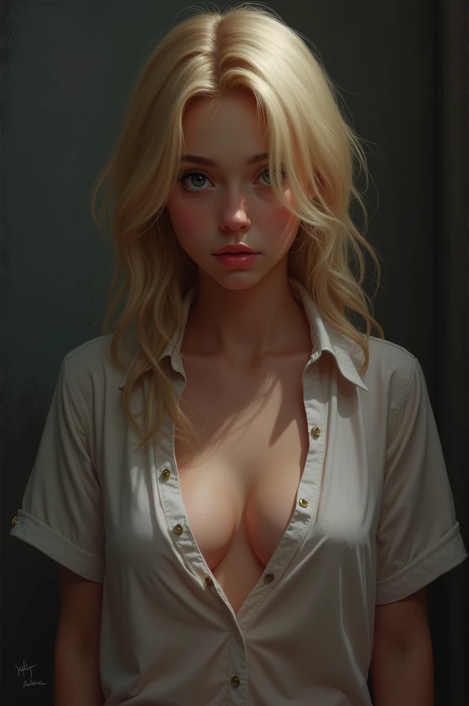 ((high-definition dark images, atmospheric perspective, 8k, super detail, accurate, best quality)), ((sleepy face, drooping eyes, smiling, close up breasts)), (various posing), round face, eyes realistic sizing, small breasts, (touching breasts for masturbation), (((nipples and swollen areolas))), unbuttoned shirt, fluffy cardigan, ((hip)), blond, downtown area, cup-less bra, strong sunlight,