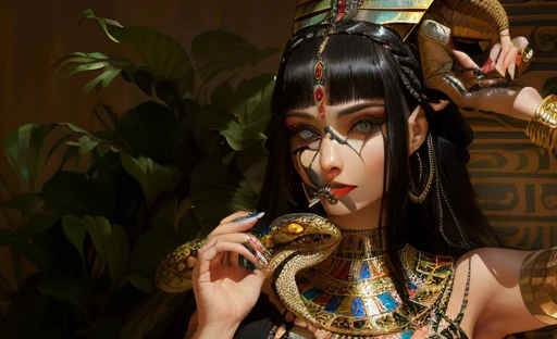 araffe woman with a snake on her neck and a snake on her hand, Snake Queen, beautiful Cleopatra, dark Snake Queen, Cleopatra portrait, Cleopatra, with snakes for hair, her many snakes are like hair, Egyptian makeup, Snake Woman, Egyptian, Egyptian princess, Egyptian макияж, Mixed with a snake, The Lady with the Snake Face, snakes for hair, Snake Woman hybrid