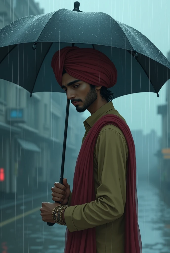 Sad anime punjabi Turban guy in rain with umbrella anime