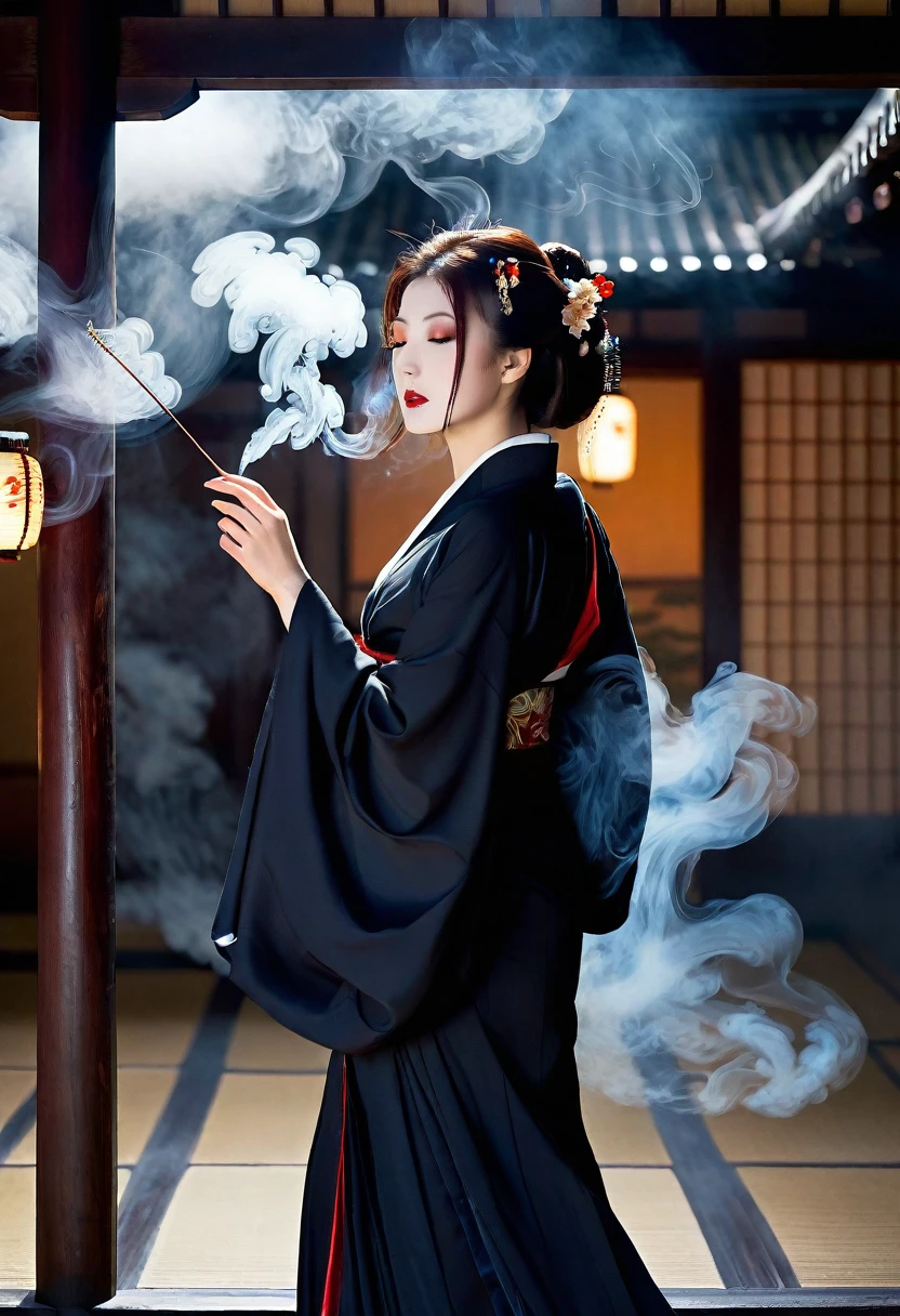 (A bewitching 35-year-old Japanese widow, clad in a stunning black mourning kimono, stands solo beneath the eaves of a funeral parlor on a moonlit night. Her Chestnut French Roll Hair cascades down her back like a waterfall of darkness, while her dark red lips seem to whisper secrets to the shadows. Her hands rest delicately over her crotch, exuding an aura of mysterious allure as she surveys the somber surroundings with an air of seductive quietness., The white smoke from the incense sticks drifts thinly like mist., A background effect that represents swirling anxiety), ((nsfw, masterpiece, incredibly absurd resolution, absolutely resolution, ultra high resolution, Mature Female, MILF, professional, vivid colors, perfect anatomy, ideal facial features, ideally proportioned figure, perfectly beautiful body, super detailed skin, glossy skin, glistening skin, Glamor, soft and curvy, body conscious, collarbone, cleavage, saggy huge breasts, evil seductive smile))