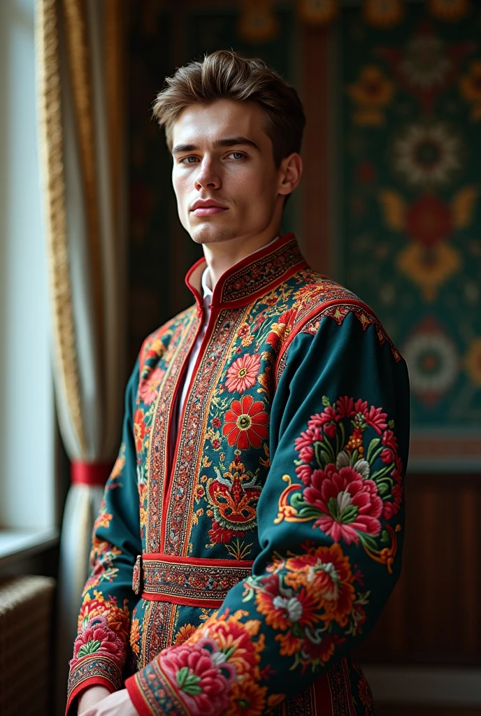 Here is a written prompt based on the image:

"A beautiful Russian boy 25 age  in a stunning traditional outfit, with intricate embroidery and vibrant colors, posing with grace and confidence, showcasing her cultural heritage and beauty."

Let me know if you'd like me to modify the prompt or generate a new one!