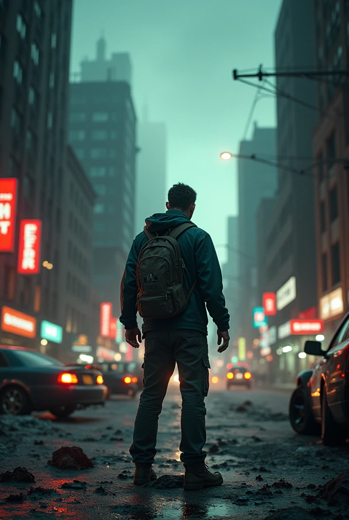 screenshot of epic zombie survival text with a man standing in a zombie survival post apoc city
