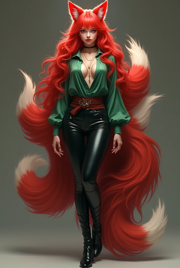 Kitsune in human form, long curly red hair, nine red tails, red cat ears, violet cat eyes, Caucasian skin, leather pants, tight blouse in leaf green, black leather boots and long nails