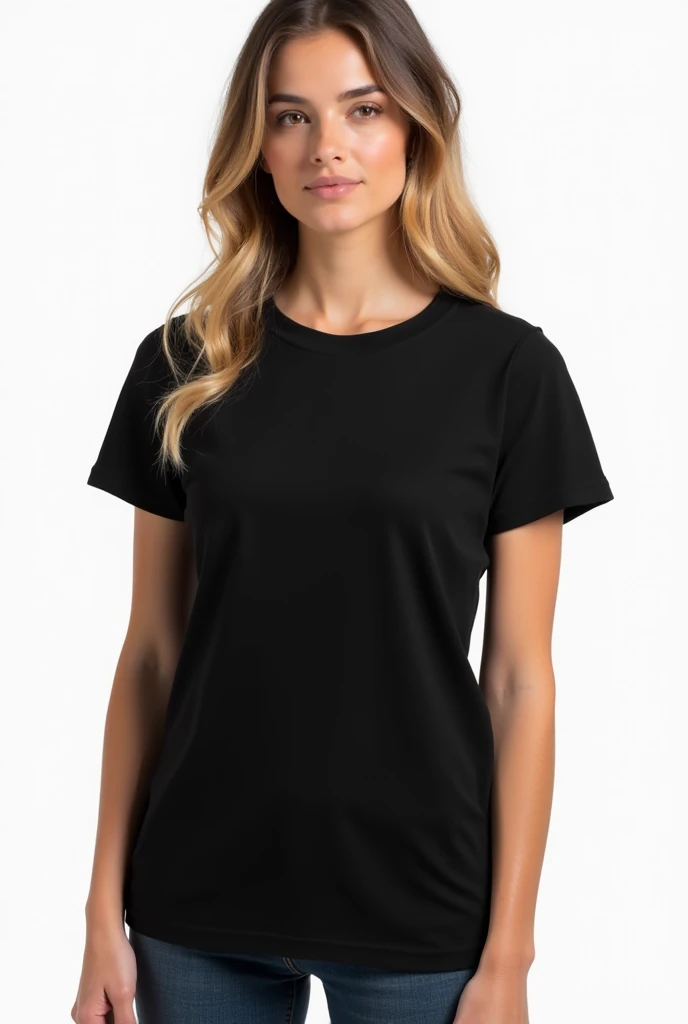young woman in black women's t-shirt, Lisa, unisex, on a white background