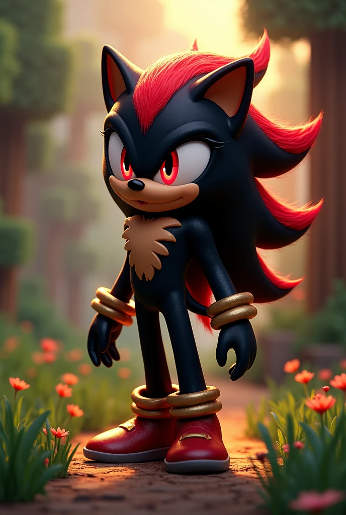 shadina the hedgehog black fur jet red streaks nice body reddish eyes tender pretty beautiful in the world of minecraft female character of shadow the hedgehog