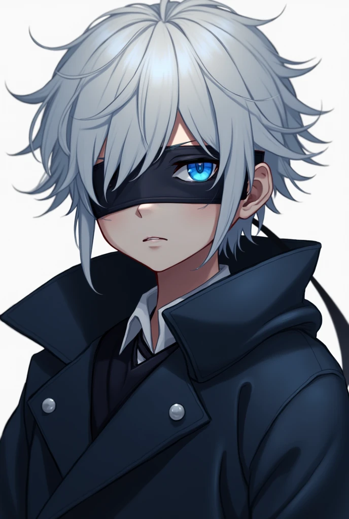 A white all-around boy with a dark coat and a black blindfold on his hair and white hair with blue anime eyes