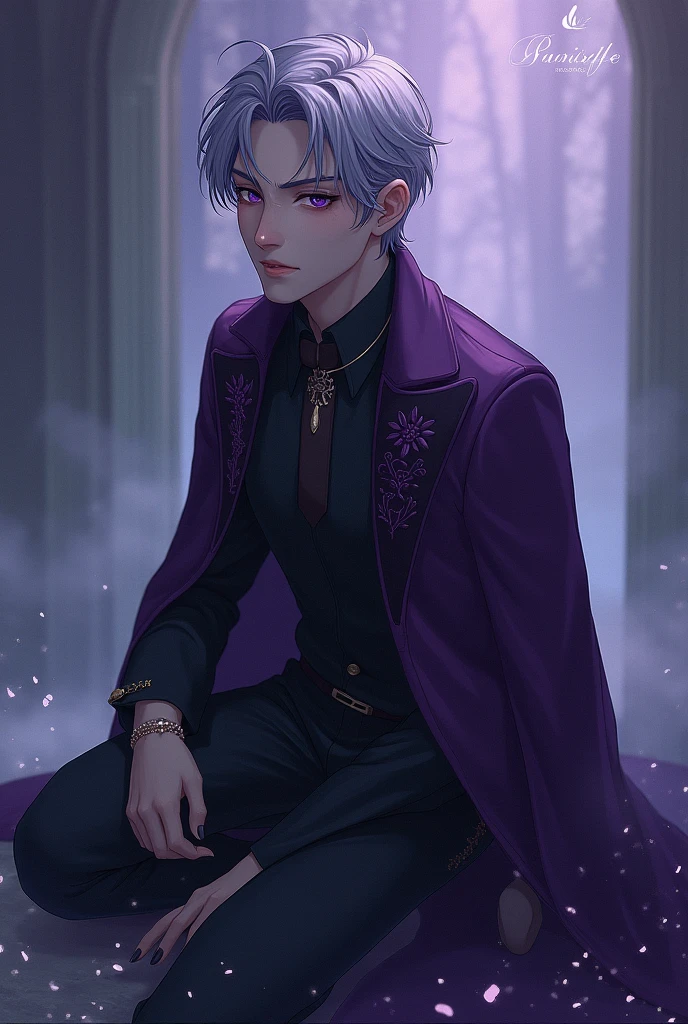 male, Silver-purple hair, Dark purple eyes, languid eyes, 20's, bust, The figure of kneeling and looking up sadly, Romance Fantasy, Crown Prince