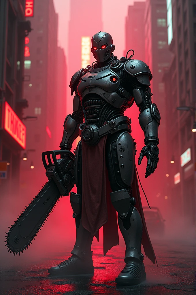 Dark_fantasy,cyberpunk,(chain saw,chain saw man,Red:1.1),1man,Mechanical marvel,Robotic presence,Cybernetic guardian