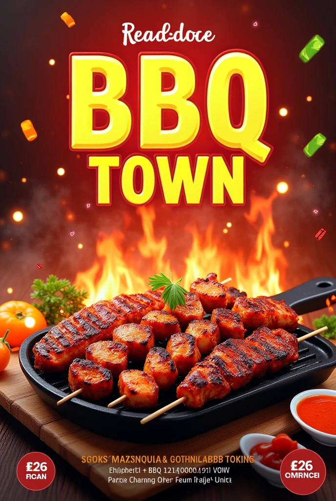 Ek poster chaiye jis m colourful back ground ho seekh boti ki picture lgi hui hon or name bbq town ho iskomor acha kr k bnao is m price ki jga b bnao or ziyada picture add kro